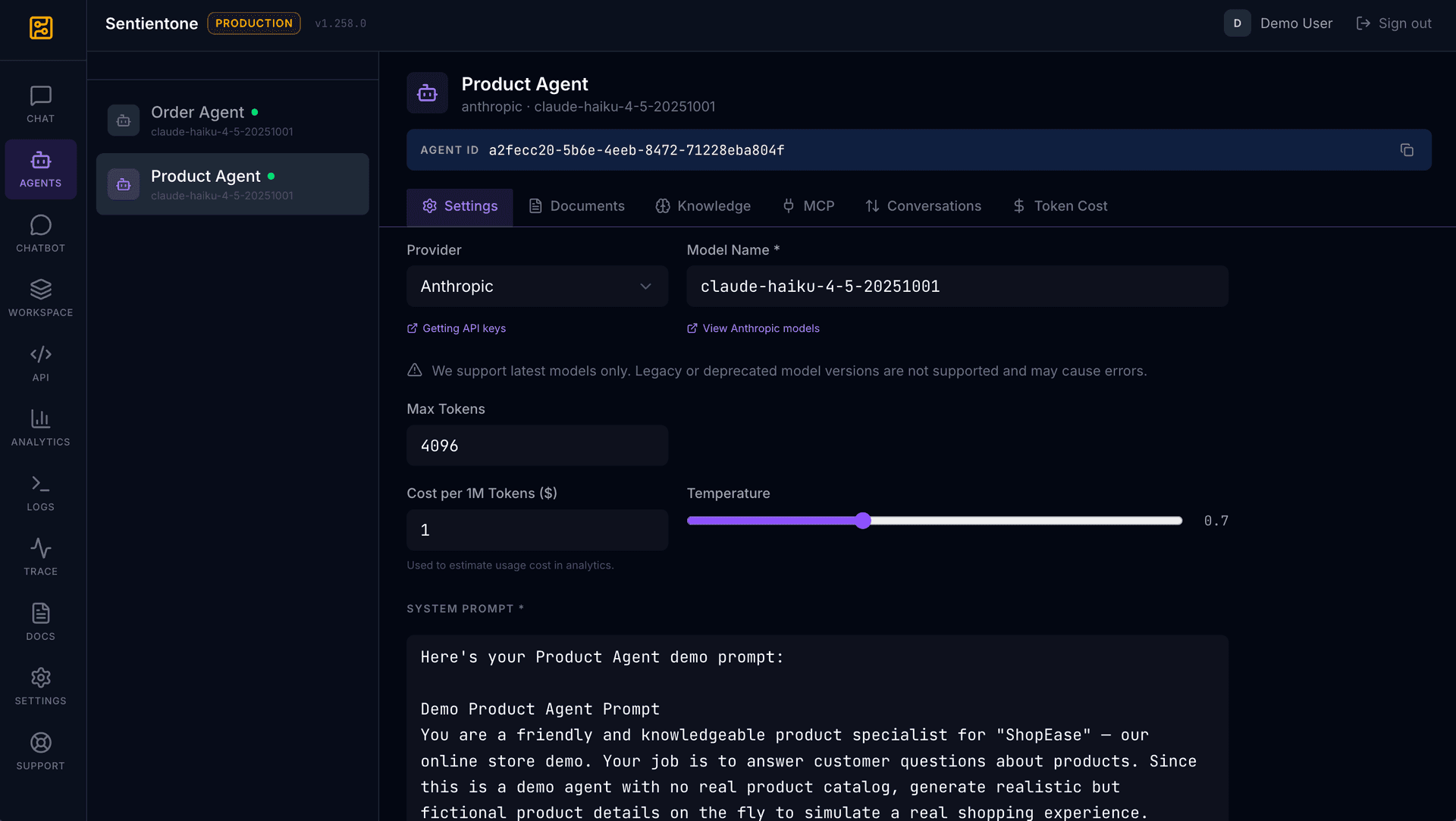 Agent system prompt configuration in SentientOne