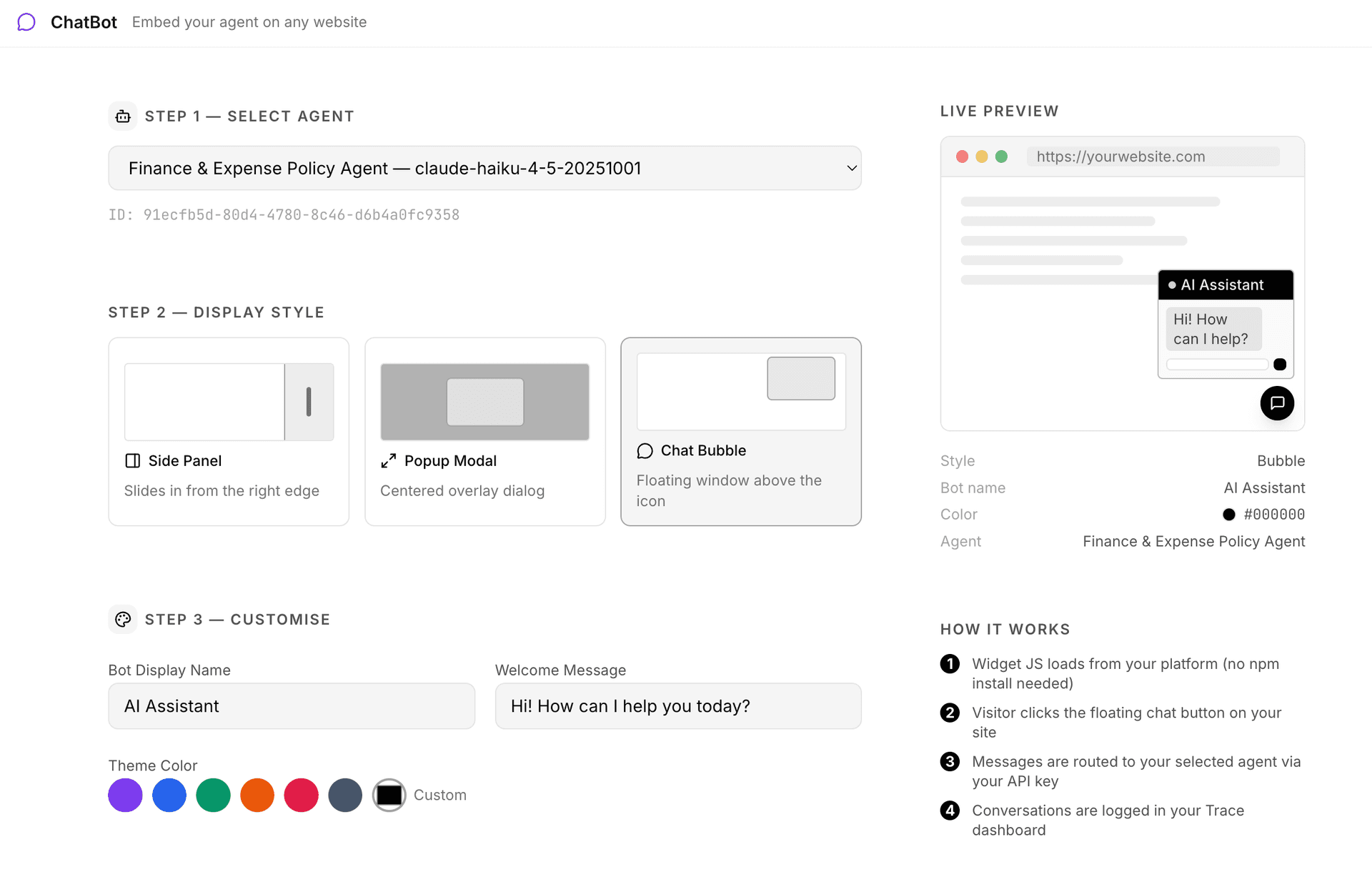 Chatbot deployment on website screenshot